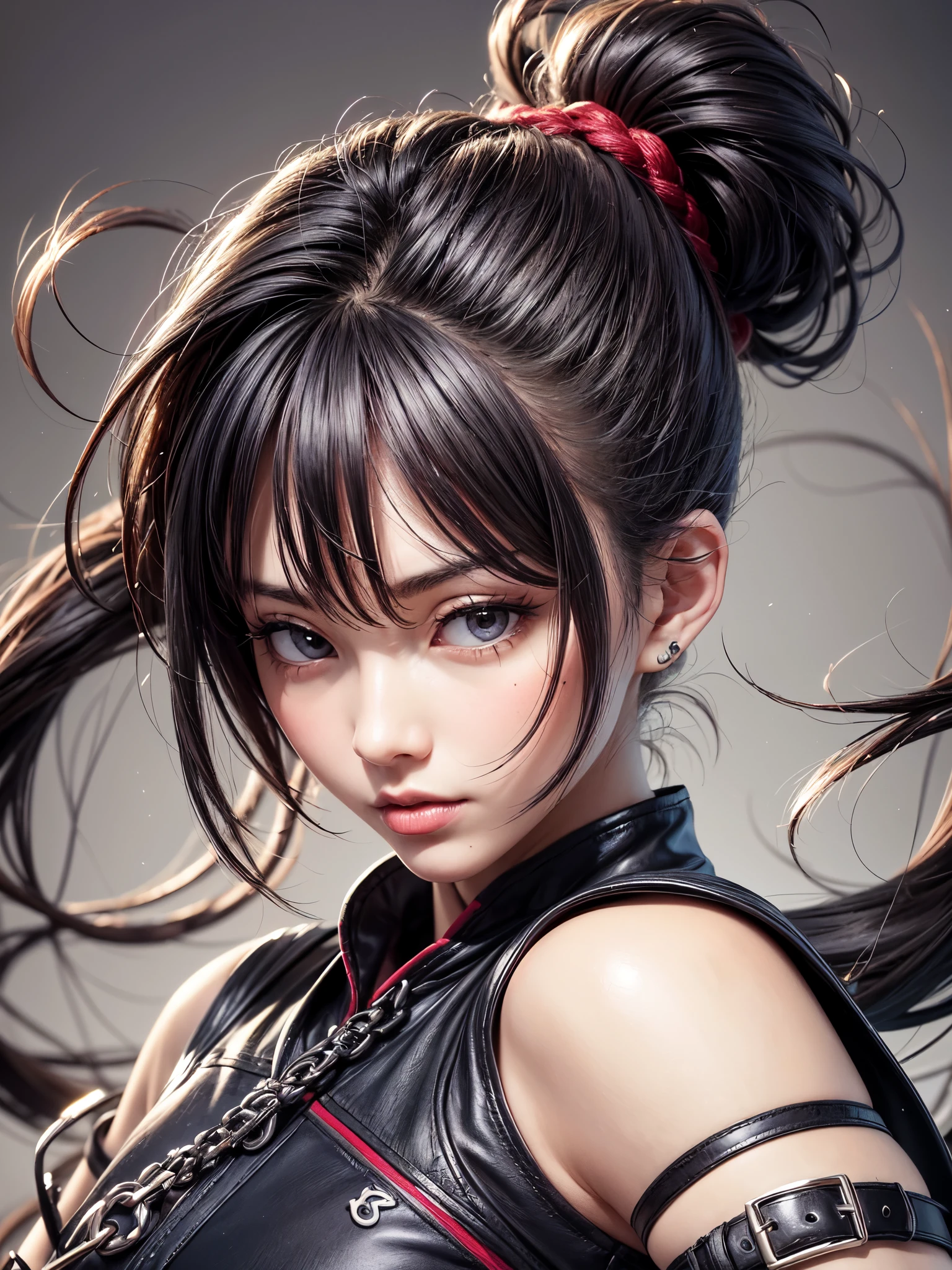 landscape, Japanese ninja woman, preparing for battle, in a fighting stance, midnight, Impressive, black hair, ponytail, shiny hair, beautiful face, beautiful eyes , dynamic lighting, super fine illustrations, masterpiece, accurate, 8K, best quality, super details, ghibli style colors, high resolution, darkness