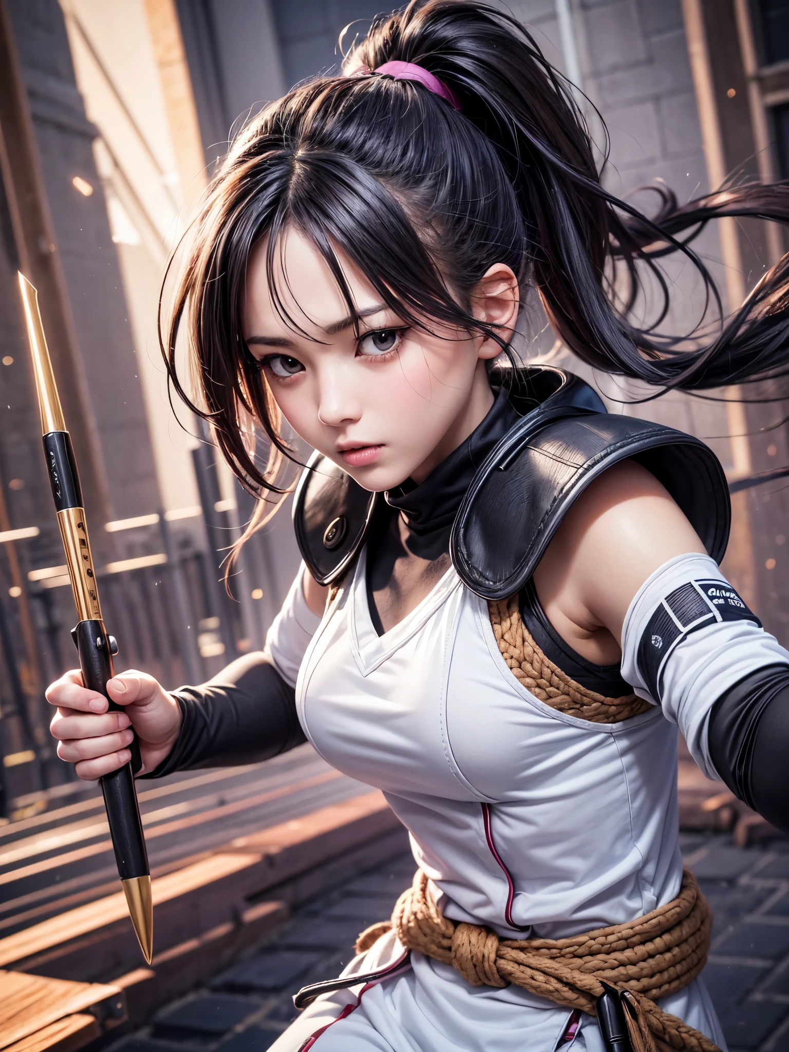 landscape, Japanese ninja woman, preparing for battle, in a fighting stance, midnight, Impressive, black hair, ponytail, shiny hair, beautiful face, beautiful eyes , dynamic lighting, super fine illustrations, masterpiece, accurate, 8K, best quality, super details, ghibli style colors, high resolution, darkness