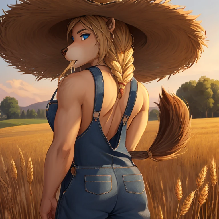 Closeup of a A feminine Muscular 7 foot tall spirit grizzly with long black claws and bright tan colored fur, blue eyes, and long viking braid down his back. Wearing overalls, a farmer's hat with a piece of wheat in her mouth. Standing in farm fields during the daytime. Alone by herself