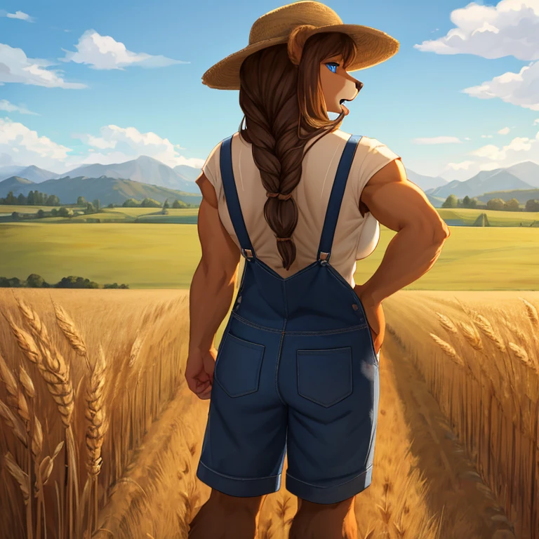 Closeup of a A feminine Muscular 7 foot tall spirit grizzly with long black claws and bright tan colored fur, blue eyes, and long viking braid down his back. Wearing overalls, a farmer's hat with a piece of wheat in her mouth. Standing in farm fields during the daytime. Alone by herself