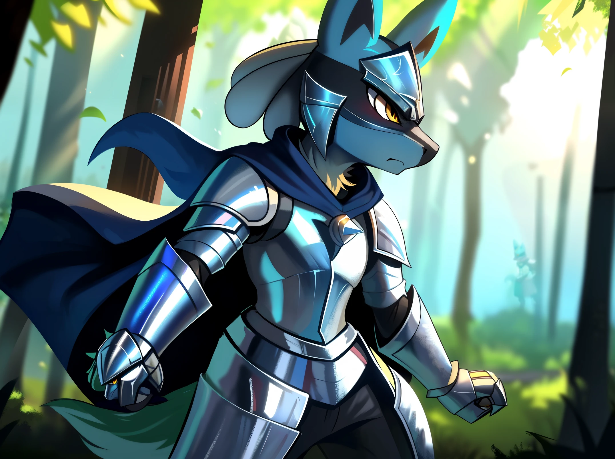 (((Lucario))), (solo), standing, wolf, blue fur, chest spike, male, sunny forest background. up close. Very good figure, cinematic lighting, volume lighting, masterpiece, best quality