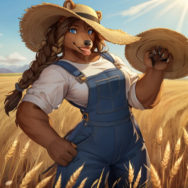 Closeup of a A feminine Muscular 7 foot tall spirit grizzly with long black claws and bright tan colored fur, blue eyes, and long viking braid down his back. Wearing overalls, a farmer's hat with a piece of wheat in her mouth. Standing in farm fields during the daytime. Alone by herself