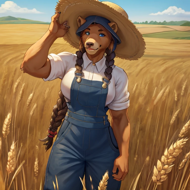 Closeup of a A feminine Muscular 7 foot tall spirit grizzly with long black claws and bright tan colored fur, blue eyes, and long viking braid down his back. Wearing overalls, a farmer's hat with a piece of wheat in her mouth. Standing in farm fields during the daytime. Alone by herself