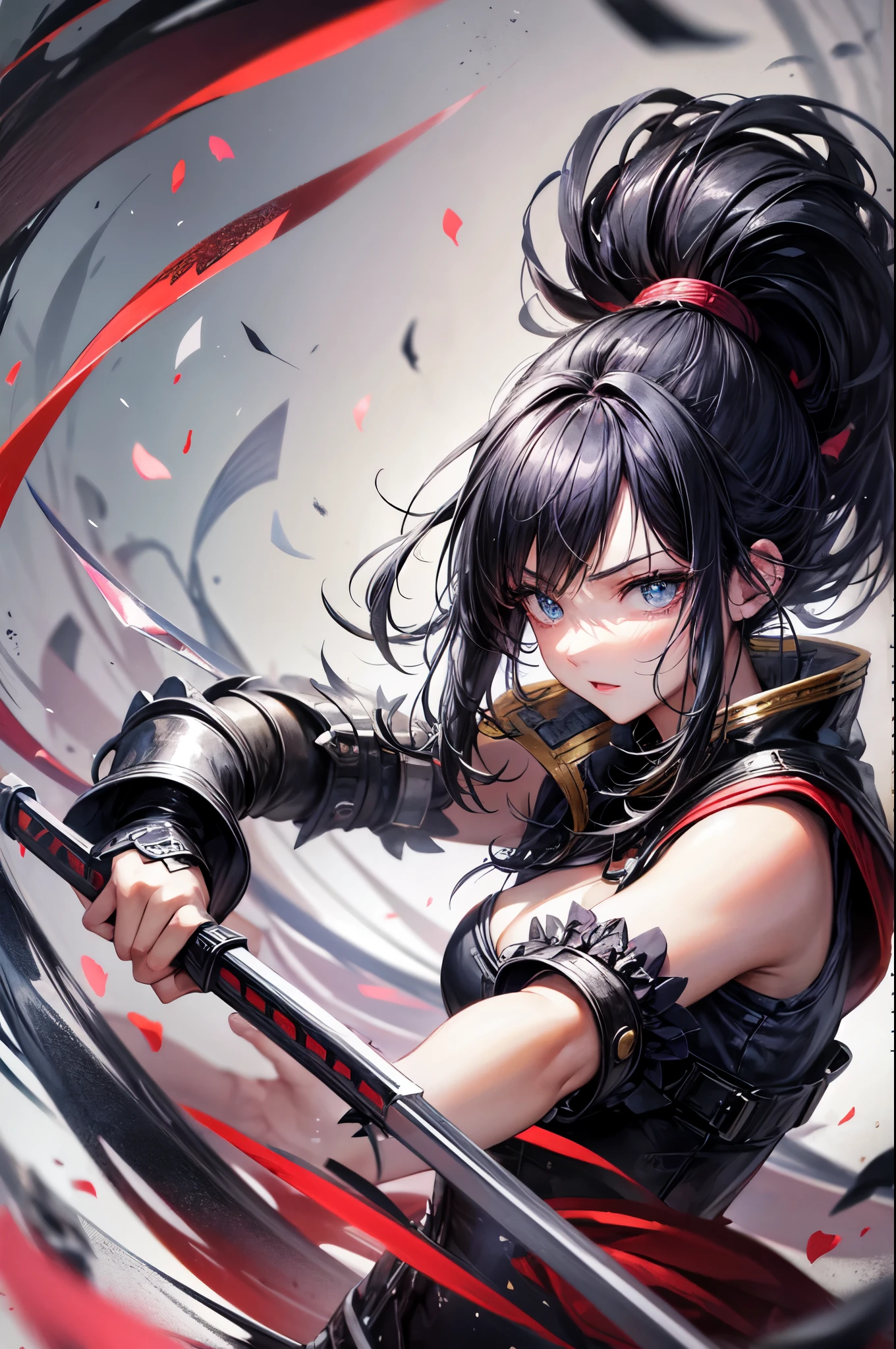 paisaje, Mujer de batalla japonesa, En posición de lucha, daga desenvainada, medianoche, impresionante, pelo negro, cola de caballo, Cabello brillante, Hermoso rostro, Ojos bonitos , iluminación dinámica, ilustraciones super finas, obra maestra, preciso, 8K, mejor calidad, súper detalles, Colores estilo Ghibli, Alta resolución, oscuridad