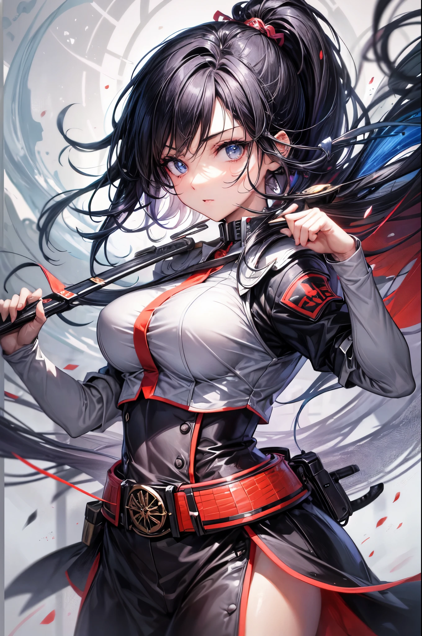 paisaje, Mujer de batalla japonesa, En posición de lucha, daga desenvainada, medianoche, impresionante, pelo negro, cola de caballo, Cabello brillante, Hermoso rostro, Ojos bonitos , iluminación dinámica, ilustraciones super finas, obra maestra, preciso, 8K, mejor calidad, súper detalles, Colores estilo Ghibli, Alta resolución, oscuridad