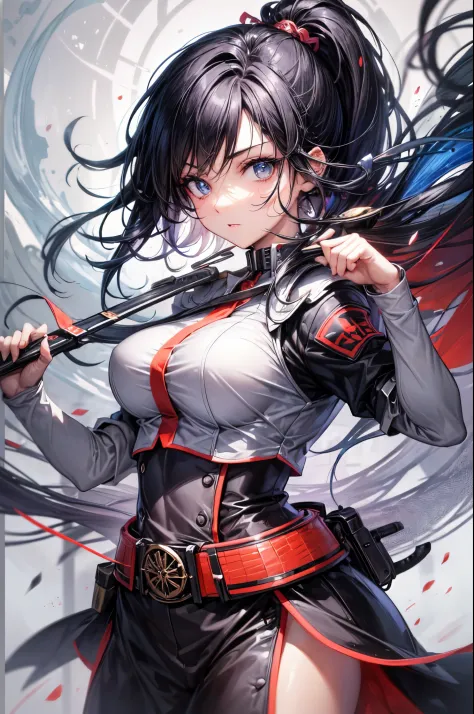 landscape, Japanese battle woman, in a fighting stance, dagger drawn, midnight, Impressive, black hair, ponytail, shiny hair, be...