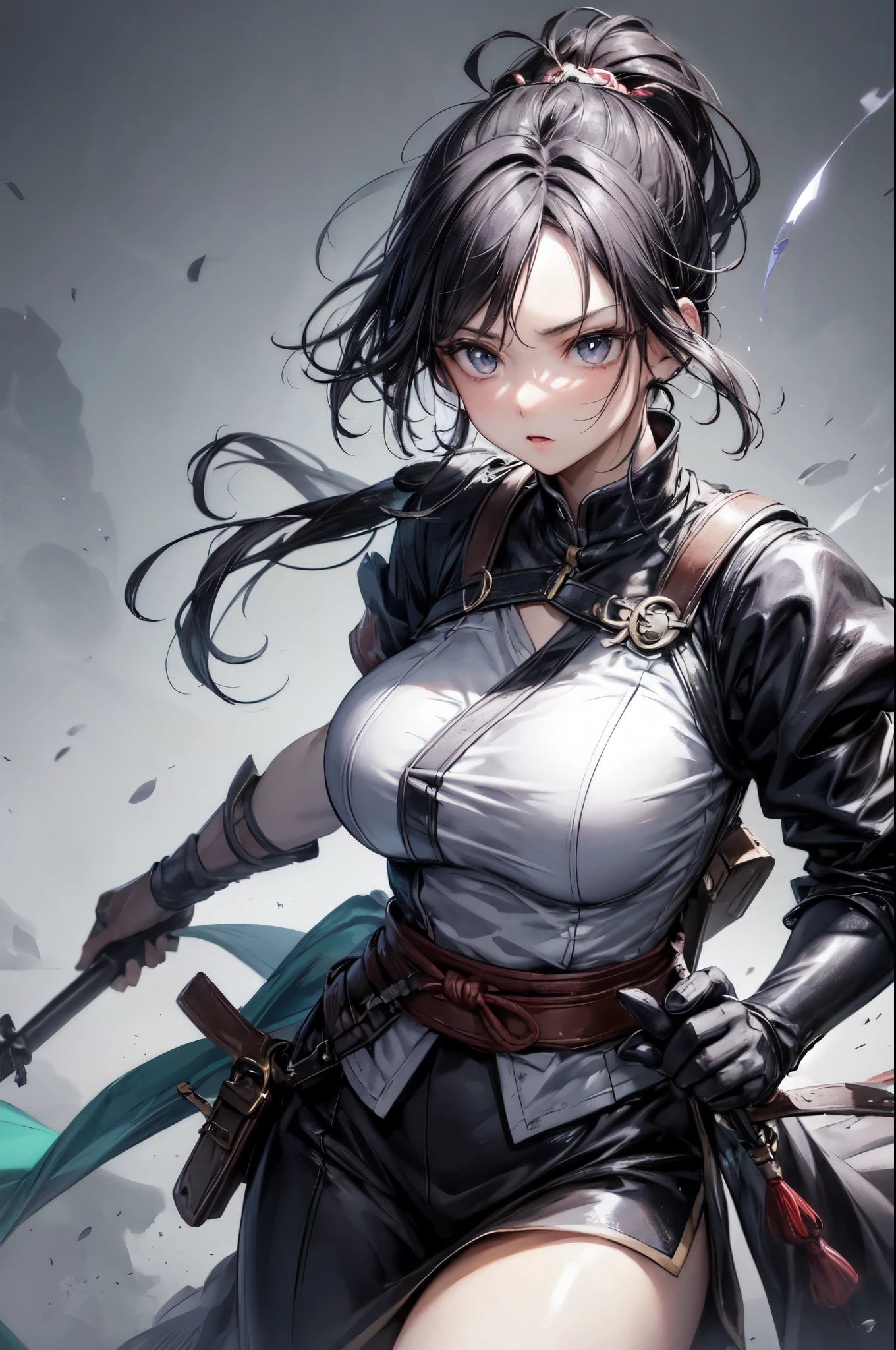 paisaje, Mujer de batalla japonesa, En posición de lucha, daga desenvainada, medianoche, impresionante, pelo negro, cola de caballo, Cabello brillante, Hermoso rostro, Ojos bonitos , iluminación dinámica, ilustraciones super finas, obra maestra, preciso, 8K, mejor calidad, súper detalles, Colores estilo Ghibli, Alta resolución, oscuridad