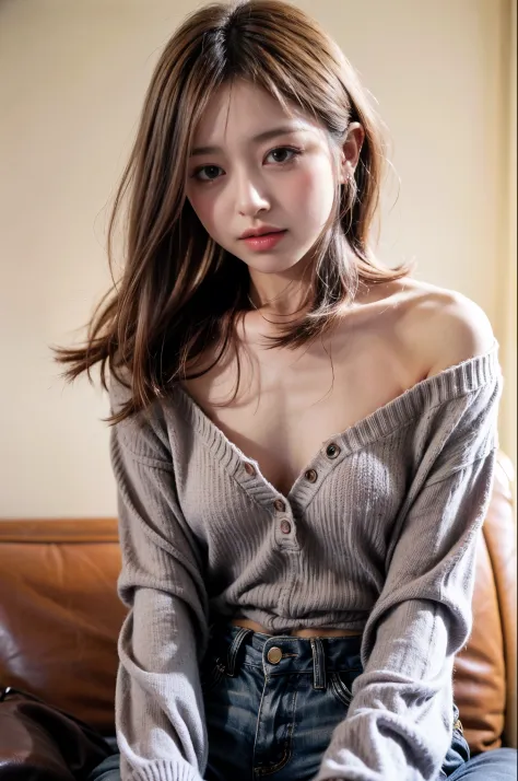 1 girl,sweater,Loose chest、white background,off shoulder