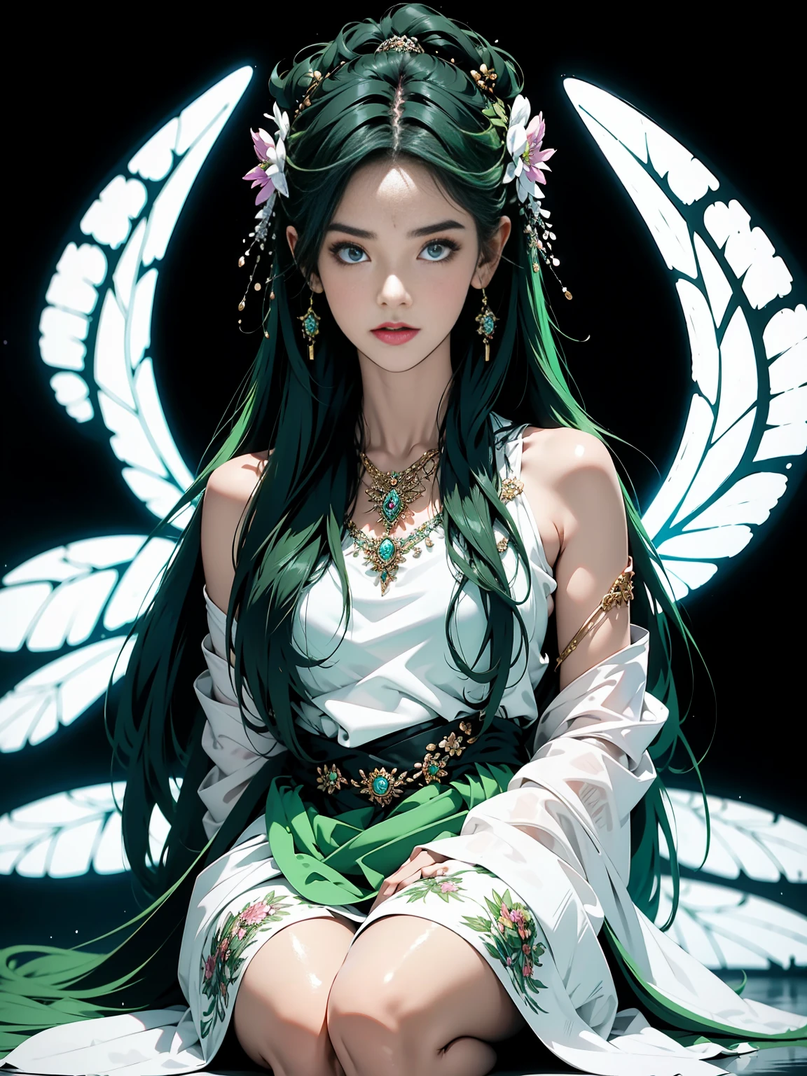 Niji style Lora, 1 girl, long hair, green hair, dress, black background, wing, flower, alone, butterfly, goblin wing, barefoot, hair ornaments, white dress, bug, very long hair, hair flower, Thighhighs, green dress, goblin, simple background, butterfly wing, green eyes, sitting, looking at the viewer, Upper body, barefoot sandals, jewelry,Specular Highlights