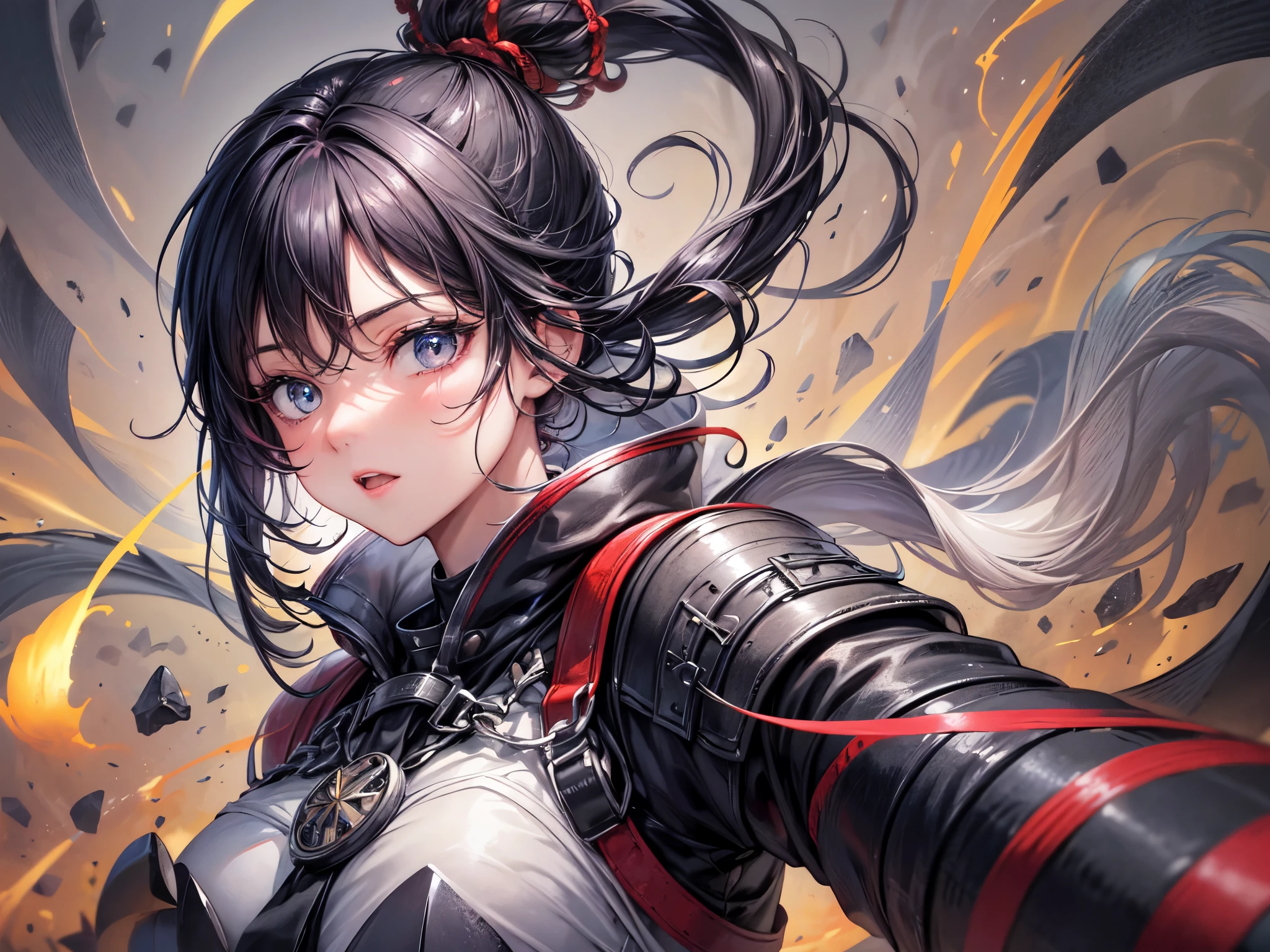 landscape, evil spirit, Japanese battle woman, in a fighting stance, dagger drawn, midnight, Impressive, black hair, ponytail, shiny hair, beautiful face, beautiful eyes , dynamic lighting, super fine illustrations, masterpiece, accurate, 8K, best quality, super details, ghibli style colors, high resolution, darkness