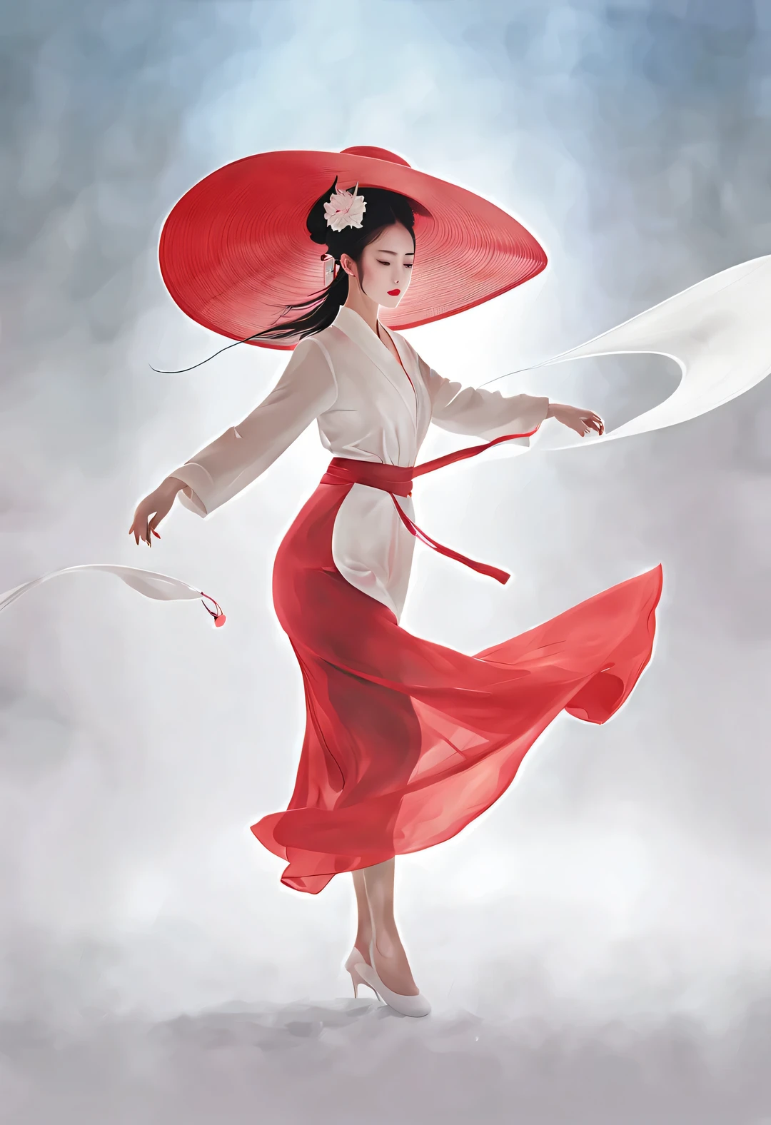  (Half body), (Beautiful and ethereal Chinese dancers dance gracefully), (Wear stylish and modern workplace attire: 0.8), Fair and flawless skin, high nose bridge, (Face covered by big hat: 1.37), bitter, (Limbs are extremely slender and beautiful), Exquisite facial features, (empty-handed),
rotating fog, Noble temperament, black and white illustration, Chinese ink painting, black hair, meatball, messy, Proud, Surrealism, contemporary art photography, illustration action painting, abstract expressionism, Pixar, depth of field, motion blur, backlight, Falling shadows, Gradient glow, Scale layers, Start at the bottom, Sony FE General Manager, ultra high definition, masterpiece, Accuracy, textured skin, Super details, high detail, high quality, Award-winning, best quality, Level, 16k,