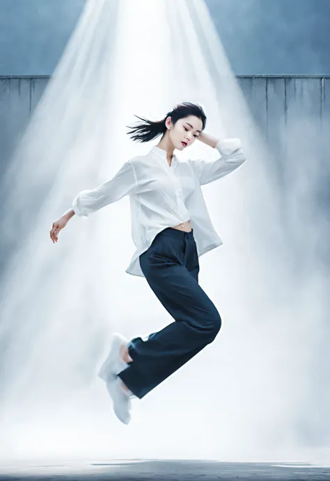 (Art dance poster design), (Half body), (Beautiful Chinese girl dancing in the air), (Wearing a modern and stylish white sweater...