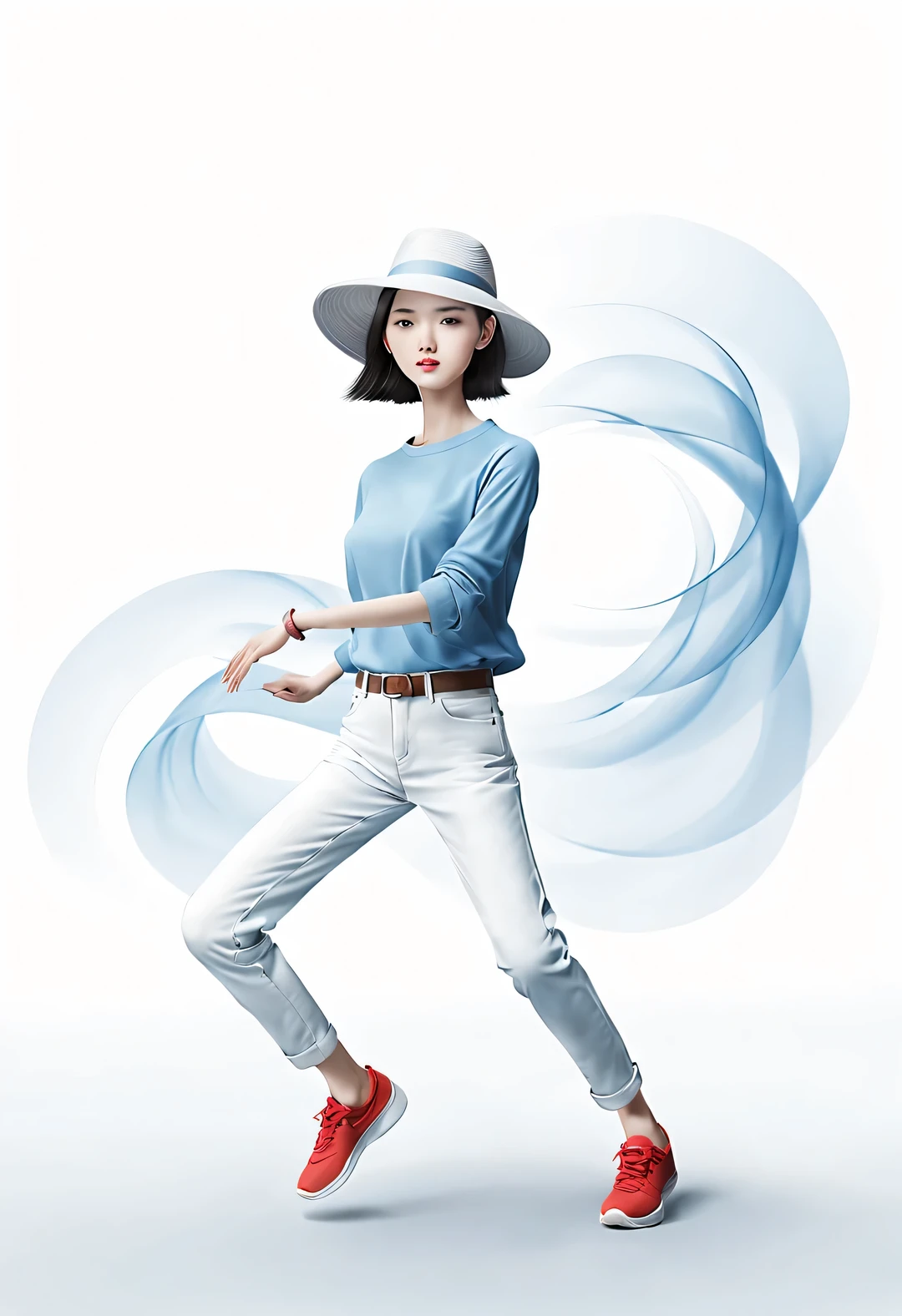 (Diseño de carteles de danza de arte moderno.), (Primer plano de medio cuerpo), (Hermosa niña china bailando en el aire), (Lleva un suéter blanco moderno y elegante y jeans azules: 0.8), Postura con la cabeza hacia arriba, piel clara y perfecta, puente nasal alto, (Los sombreros cubren tu cara: 1.37), (Usar gafas de sol grandes: 0.65), triste pero hermoso, (Las extremidades son extremadamente delgadas y elegantes: 1.1), Rasgos faciales exquisitos, (Manos rojas y pies vacíos), niebla giratoria, Noble temperament, ilustración en blanco y negro, pintura en tinta china, pelo negro, Albóndiga, desordenado, orgulloso, Surrealism, fotografía de arte contemporáneo, ilustración pintura de acción, Expresionismo abstracto, pixar, profundidad de campo, Desenfoque de movimiento, Iluminar desde el fondo, sombras que caen, viñeteado, Capa de zoom, Empezar desde abajo, Director general de Sony FE, Ultra Alta Definición, obra maestra, exactitud, piel texturizada, súper detalles, Alto detalle, alta calidad, Premiado, mejor calidad, Nivel, 16k, Disparo desde una perspectiva de arriba hacia abajo,