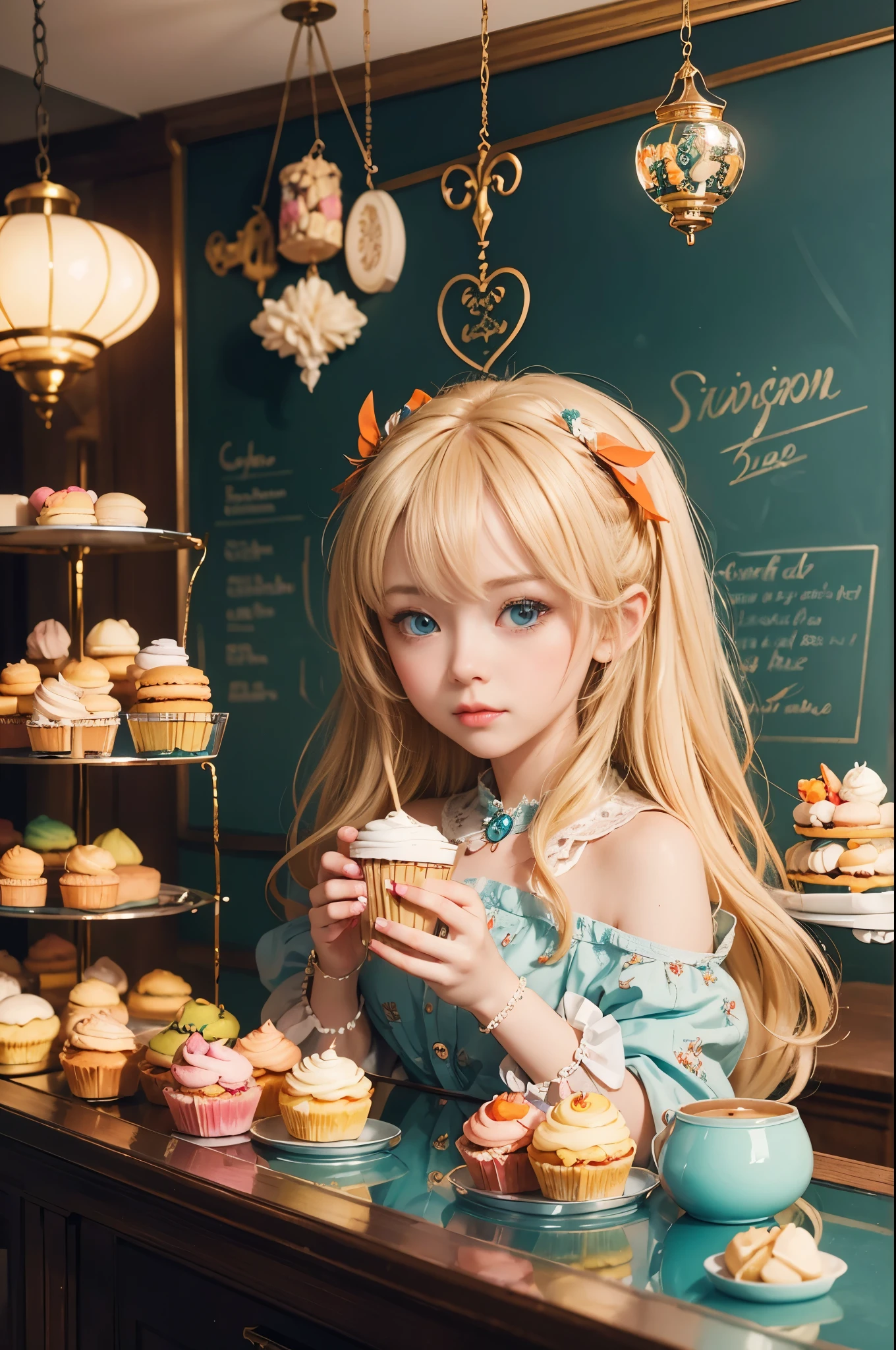 masterpiece, Very detailed, (Chibi:1.3), , (1 girl), blonde hair, pastel colors, cozy atmosphere, Dessert display case, macaron, Cupcakes, pie, Cupcakes, coffee machines, Blackboard menu, natural lighting, Glass jars filled with candy, Frosted window glass, Decorative plates, Whimsical decoration, Sugar carving,   8k, HD, Detailed face, delicate eyes，surreal, + lens + dynamic composition, Extremely detailed, sharpen, Normal, warm light, Light effect, dramatic light, (intricate details:1.1), complex background, (greg rutkovsky:0.8), (teal and orange:0.4），correct anatomy，