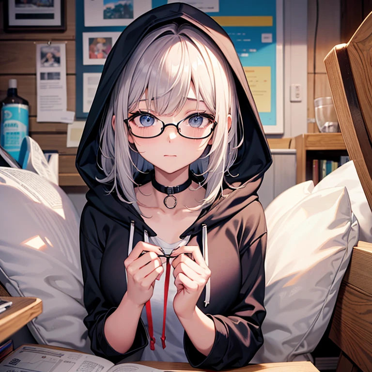 messy hair、dull bangs、messy hair、Sloppy、cross-eyed、drunk、( fool / Sexual ecstasy)、Glasses、highest quality, Super delicate illustration, Beautiful charming anime girl, slender body, tied hair, one girl,wearing a hood,hoodie、breast enhancement