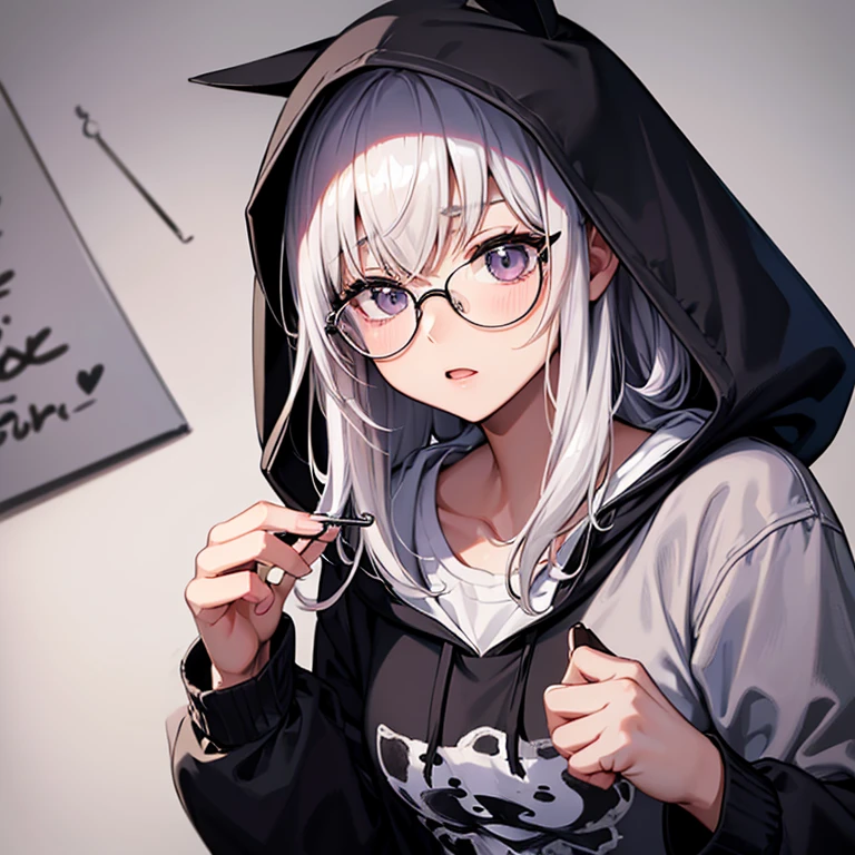 messy hair、dull bangs、messy hair、Sloppy、cross-eyed、drunk、( fool / Sexual ecstasy)、Glasses、highest quality, Super delicate illustration, Beautiful charming anime girl, slender body, tied hair, one girl,wearing a hood,hoodie、bust shot