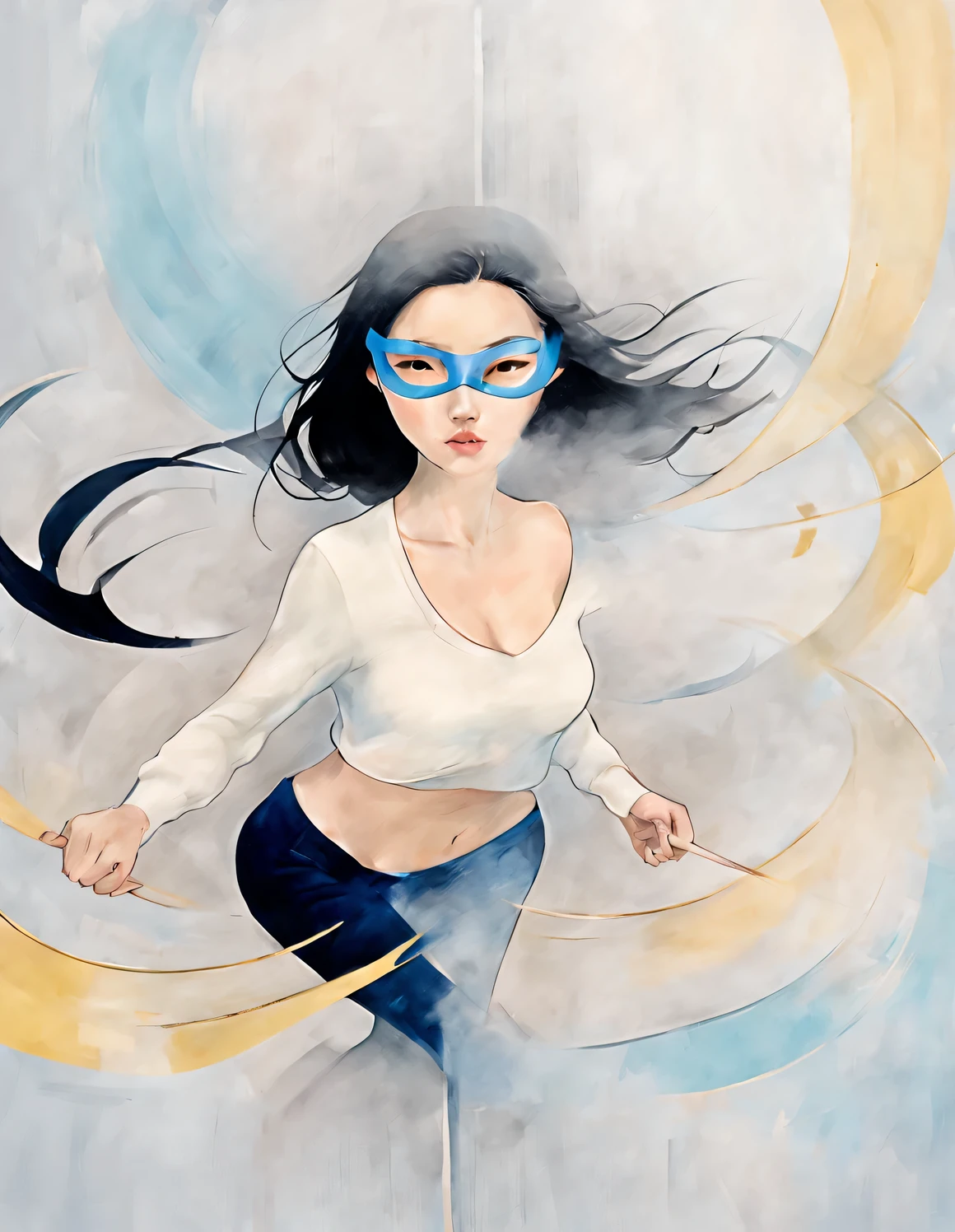(Modern art dance poster design), (Half-length close-up), (Beautiful Chinese girl dancing in the air), (Wearing modern stylish white sweater and blue jeans: 0.8), Find location, Fair and flawless skin, high nose bridge, (masked: 1.37), (Wearing large sunglasses: 0.65), sad yet beautiful, slim figure, Exquisite facial features, rotating fog, Noble temperament, illustration, ink painting, black hair, MARUNOUCHI, messy, Proud, Surrealism, contemporary art photography, action painting illustration, abstract expressionism, Pixar, depth of field, motion blur, backlight, Falling shadows, Vignetting, Up angle, Sony FE General Manager, ultra high definition, masterpiece, Accuracy, textured skin, Super details, high quality, Award-winning, best quality, Level, 16k, Shot from a bottom-up perspective,