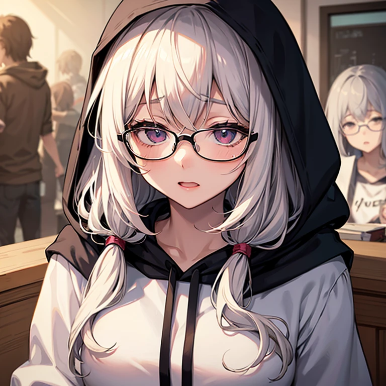 messy hair、dull bangs、messy hair、Sloppy、cross-eyed、drunk、( fool / Sexual ecstasy)、Glasses、highest quality, Super delicate illustration, Beautiful charming anime girl, slender body, tied hair, one girl,wearing a hood,hoodie、bust shot