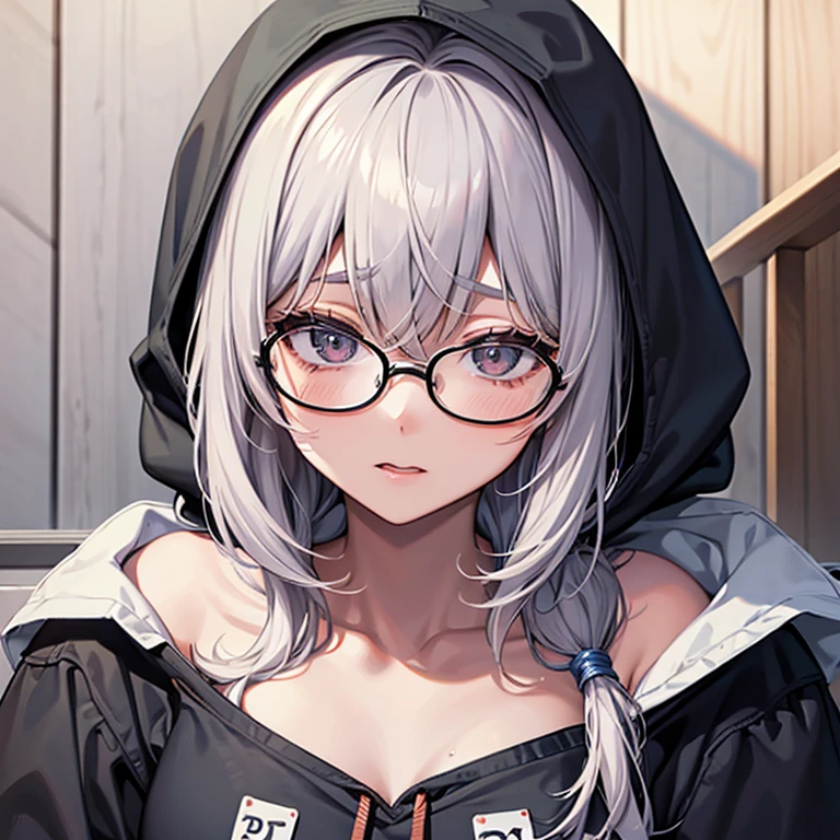 messy hair、dull bangs、messy hair、Sloppy、cross-eyed、drunk、( fool / Sexual ecstasy)、Glasses、highest quality, Super delicate illustration, Beautiful charming anime girl, slender body, tied hair, one girl,wearing a hood,hoodie、bust shot