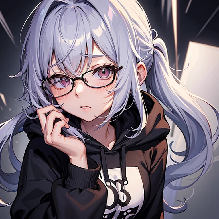 messy hair、dull bangs、messy hair、Sloppy、cross-eyed、drunk、( fool / Sexual ecstasy)、Glasses、highest quality, Super delicate illustration, Beautiful charming anime girl, slender body, tied hair, one girl,wearing a hood,hoodie、bust shot、ponytail、cool