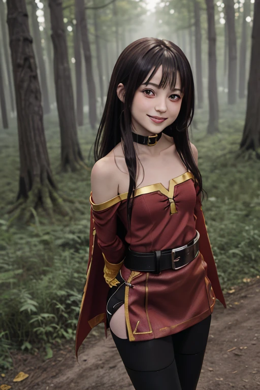 Megumin, Kono·subarashii The world is blessed by you and me!, 1 girl, alone, permanent, looking at the audience, have, witch have, brown hair, bobbed long hair, red eyes, blush, smile, black collar, clavicle, flat chest, off-shoulder skirt, skirt, red skirt, brown cloak, long sleeves, black gloves, fingerless gloves, belt, brown belt, gold trim, Absolute opportunity, Dentate skin, (Asymmetrical tights:1.4), Mismatched tights, (Legs wrapped in bandages:1.3), black stockings, (Put your arms behind your back:1.3), 

(forest:1.4)