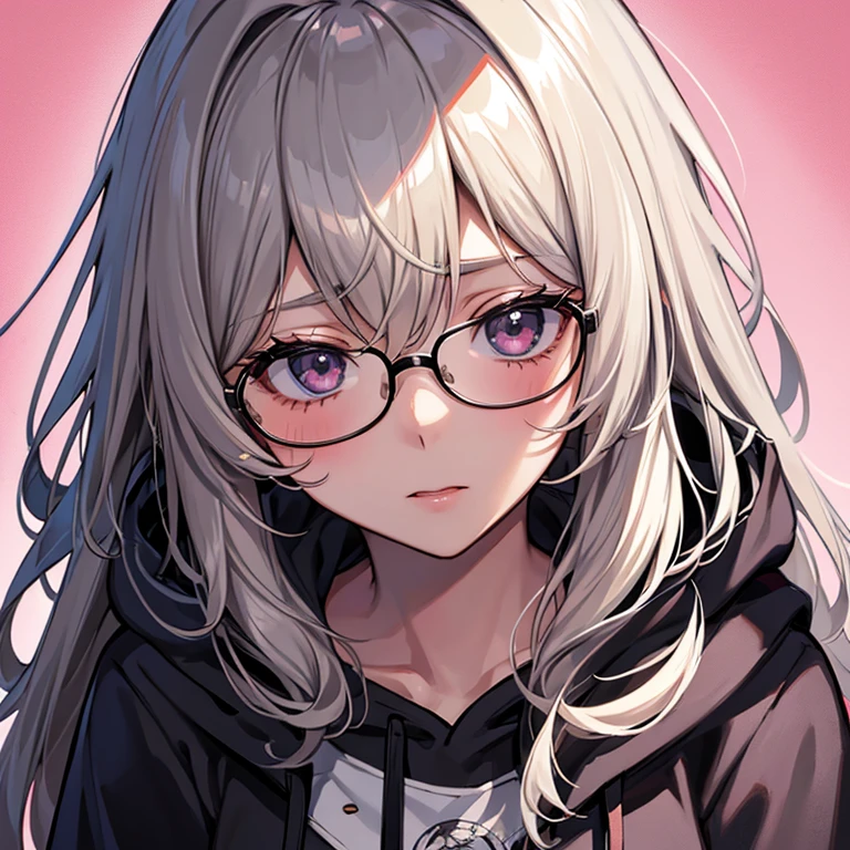 messy hair、dull bangs、messy hair、Sloppy、cross-eyed、drunk、( fool / Sexual ecstasy)、Glasses、highest quality, Super delicate illustration, Beautiful charming anime girl, slender body, tied hair, one girl,wearing a hood,hoodie、bust shot、close up of face