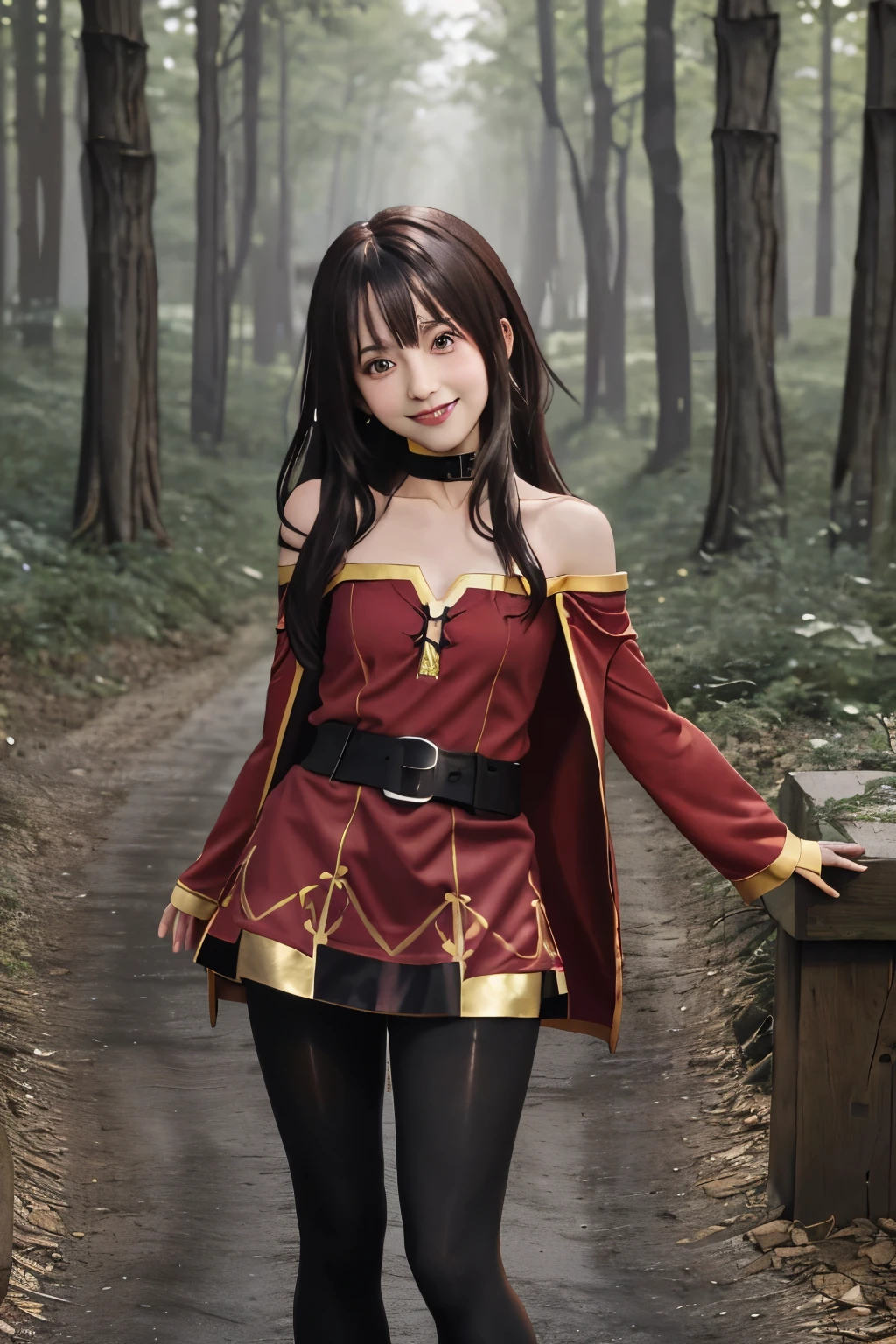 Megumin, Kono·subarashii The world is blessed by you and me!, 1 girl, alone, permanent, looking at the audience, have, witch have, brown hair, bobbed long hair, red eyes, blush, smile, black collar, clavicle, flat chest, off-shoulder skirt, skirt, red skirt, brown cloak, long sleeves, black gloves, fingerless gloves, belt, brown belt, gold trim, Absolute opportunity, Dentate skin, (Asymmetrical tights:1.4), Mismatched tights, (Legs wrapped in bandages:1.3), black stockings, (Put your arms behind your back:1.3), 

(forest:1.4)