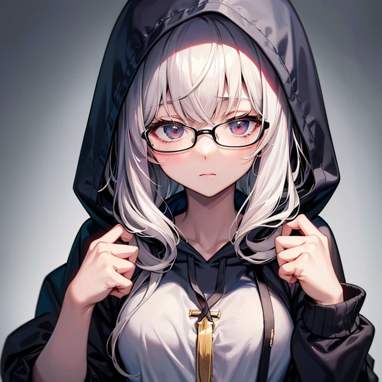 messy hair、dull bangs、messy hair、Sloppy、cross-eyed、drunk、( fool / Sexual ecstasy)、Glasses、highest quality, Super delicate illustration, Beautiful charming anime girl, slender body, tied hair, one girl,wearing a hood,hoodie、close up of face、Hands are not reflected