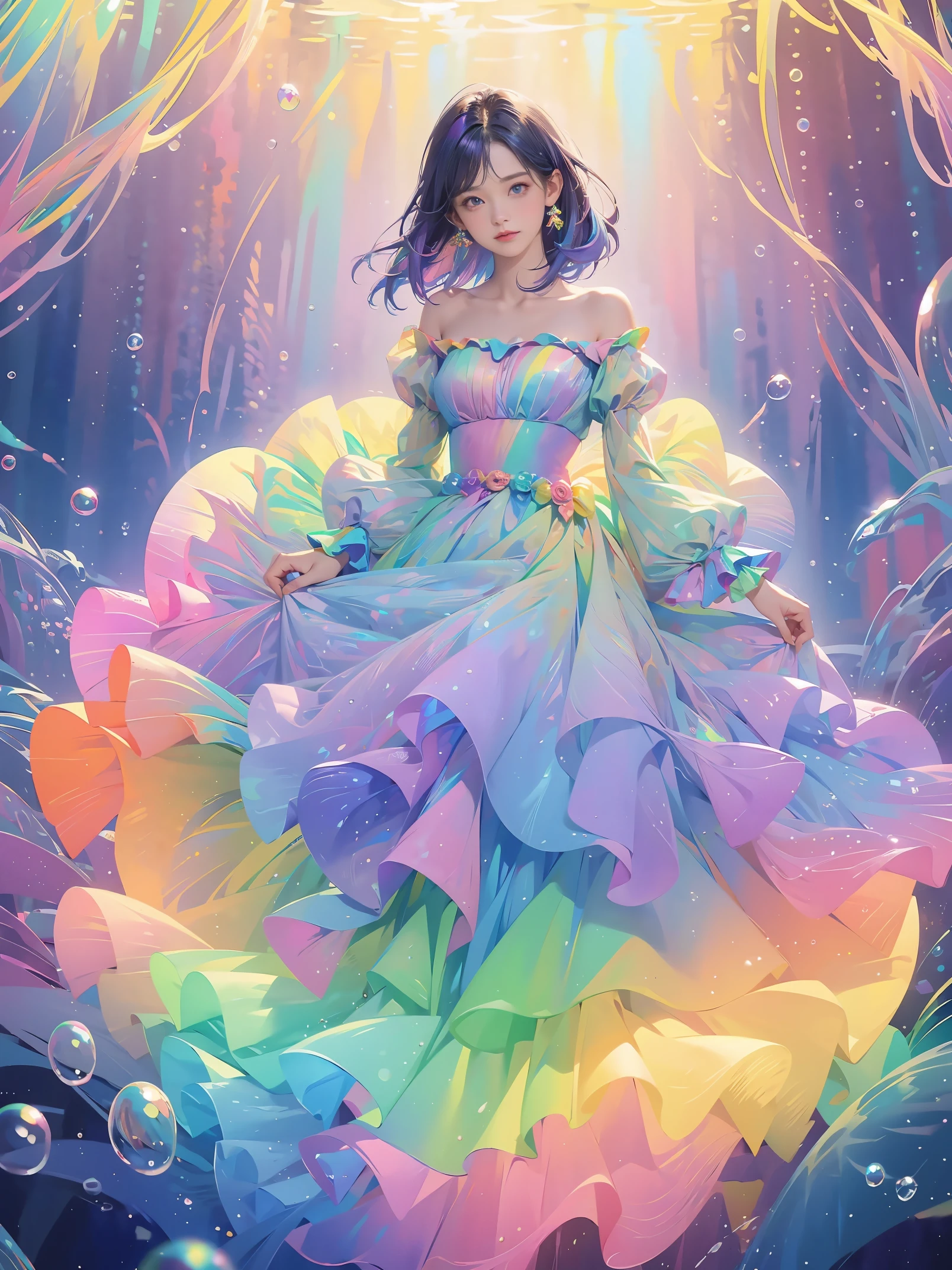 masterpiece, highest quality, intricate details, excellent anatomy、beautiful girl, sparkling eyes, Otherworldly liquid fantasia background, watercolor, bright and vibrant colors, Whimsical, colorful, Layered Tiered Puffy Long Sleeve Ball Gown, ((iridescent rainbow bubbles))