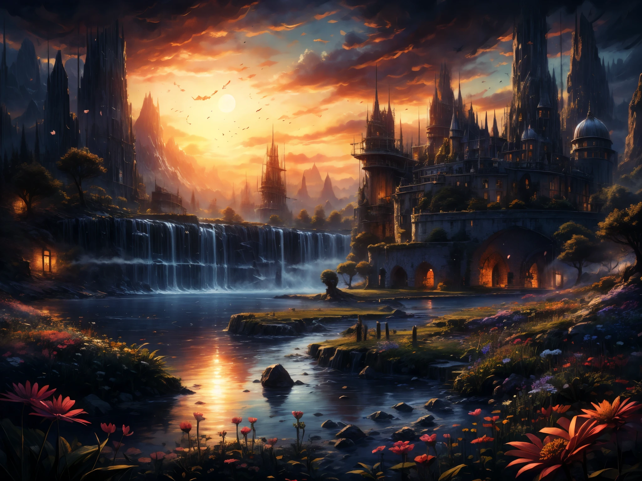 excellent oil painting of a landscape, vibrant colors, powerfull style with epic dramatism,  small willage, mistery land, best quality, maximum quality, intricate details, ultrasahrp, ambient oclusion, realistic shadows, art by Bastien Lecouffe Deharme, 8k, oil art,  8k perfect quality, dramatic magic wind with blowing leafs and flowers