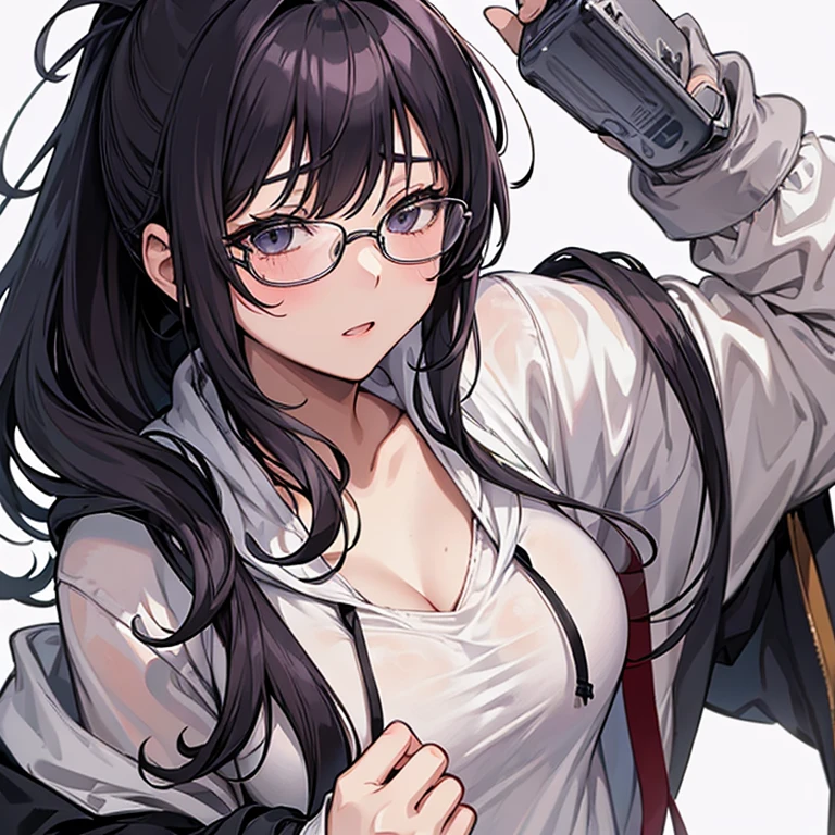 messy hair、dull bangs、messy hair、Sloppy、cross-eyed、drunk、( fool / Sexual ecstasy)、Glasses、highest quality, Super delicate illustration, Beautiful charming anime girl, slender body, tied hair, one girl,wearing a hood,hoodie、close up of face、ponytail