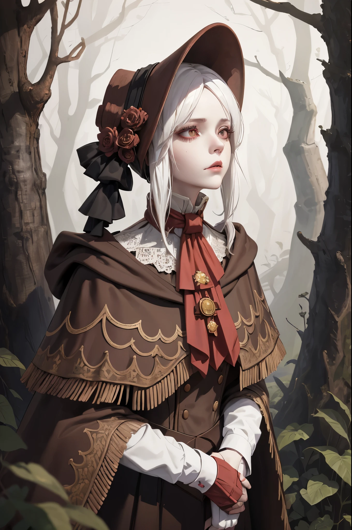 masterpiece, best quality, plaindoll, white hair, doll joints, bonnet, brown cloak, long dress, red ascot, autumn, forest, fog, dead trees, looking at viewer, cowboy shot, own hands together, emotionless, muted color, desaturated 