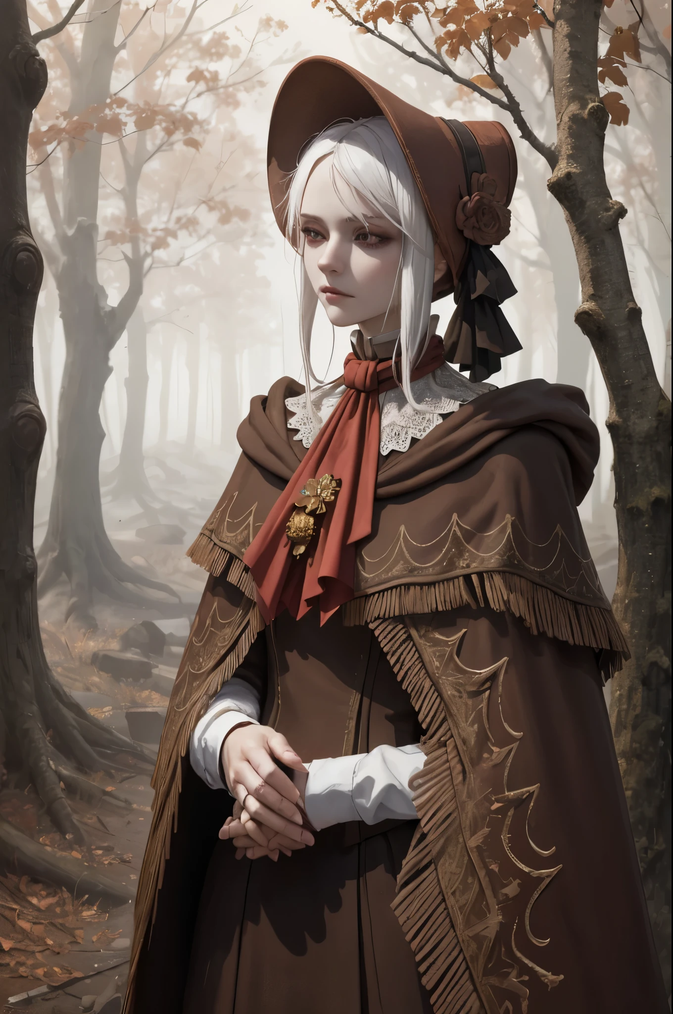 masterpiece, best quality, plaindoll, white hair, doll joints, bonnet, brown cloak, long dress, red ascot, autumn, forest, fog, dead trees, looking at viewer, cowboy shot, own hands together, emotionless, muted color, desaturated 