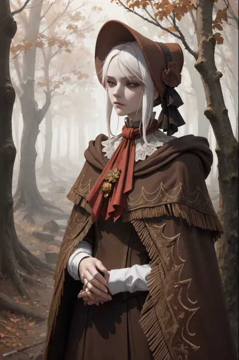 masterpiece, best quality, plaindoll, white hair, doll joints, bonnet, brown cloak, long dress, red ascot, autumn, forest, fog, ...