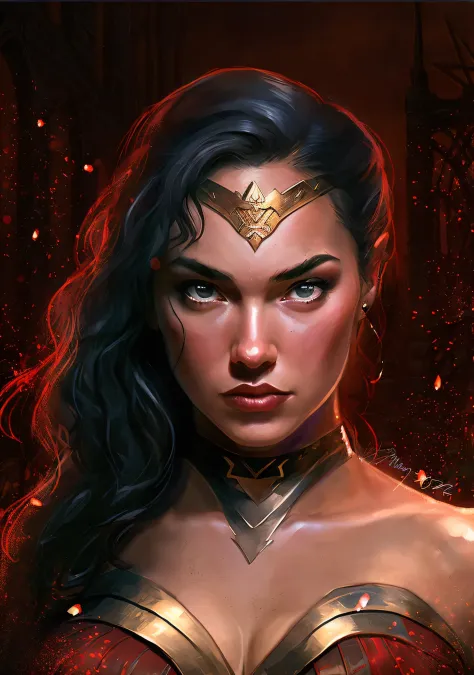 wonder woman ,close up shot, small red fire embers rising up from bellow, blinking her eyes ,heroic stance, , her hair blowing i...