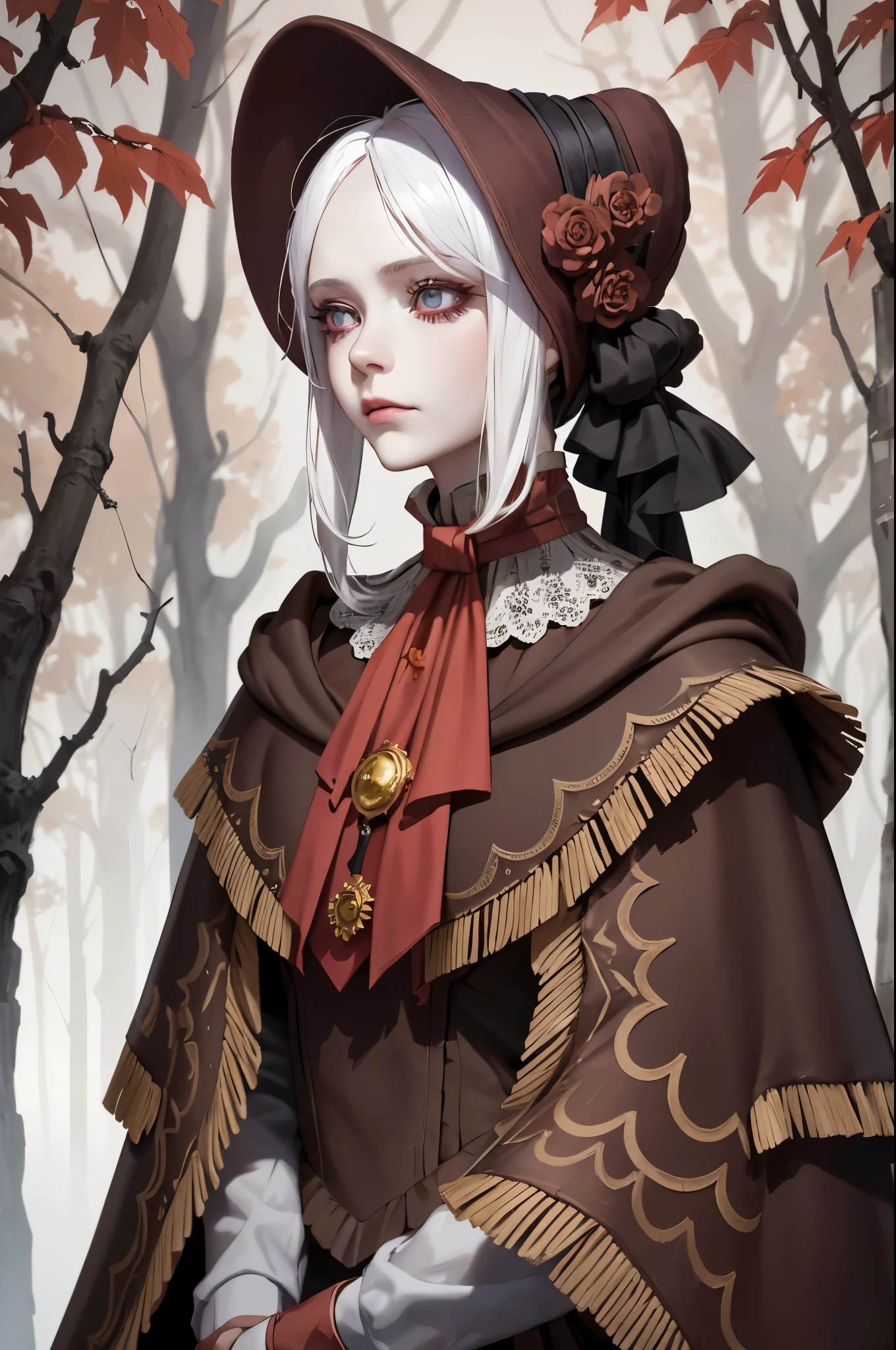 masterpiece, best quality, plaindoll, white hair, doll joints, bonnet, brown cloak, long dress, red ascot, autumn, forest, dusk, dead trees, looking at viewer,emotionless, muted color, desaturated 