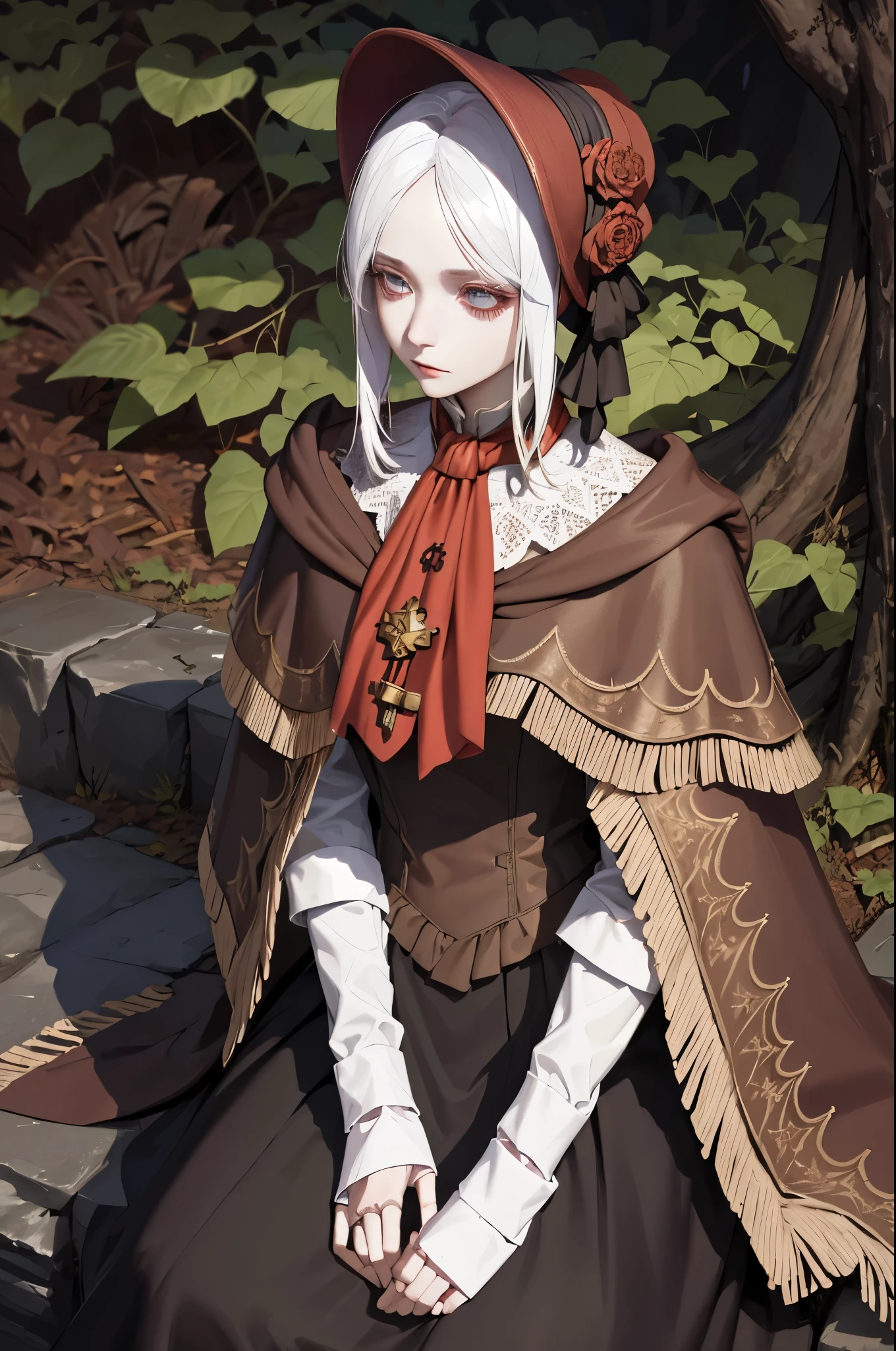 masterpiece, best quality, plaindoll, white hair, doll joints, bonnet, brown cloak, long dress, red ascot, autumn, forest, dusk, dead trees, looking at viewer, sitting, stairs, emotionless, muted color, desaturated 