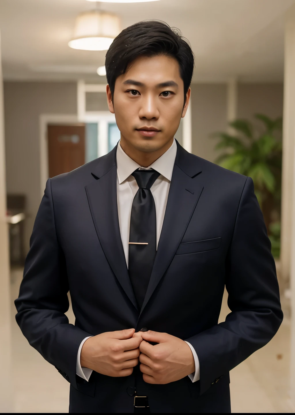 an asian Man standing with 43 years in suit and tie, body and head straight in the photo, DSRL, facing the viewer of the photo, eyes fixed to the lens, appears shoulders and head in the photo, man centered in the photo, 8k, best quality, masterpiece, realistic, realistic photo, movie photo, ultra realistic, 1 person, detailed,  Perfect lighting, DSRL, professional photo, 4k