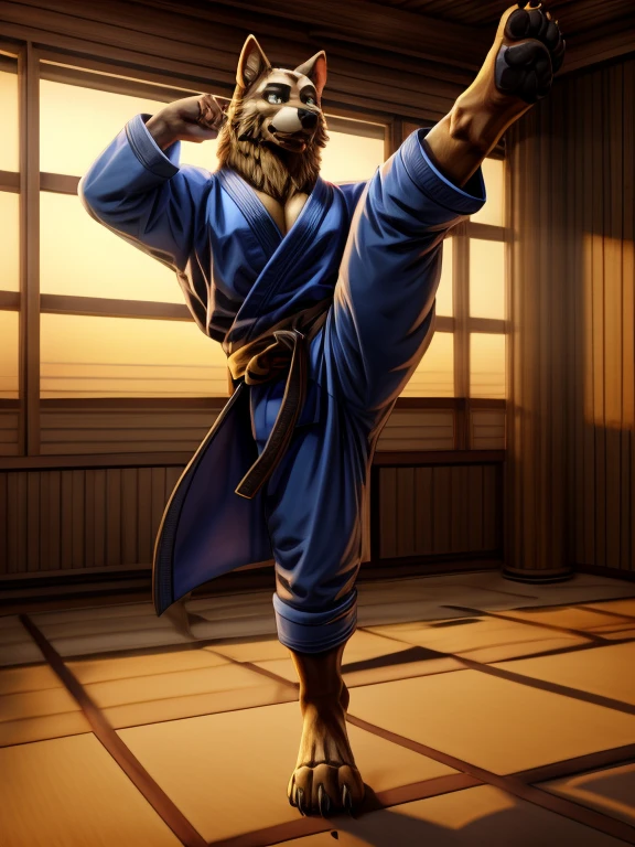 Smirnov pieds nus portant un kimono de karaté bleu foncé avec une ceinture noire du 5ème dan, entraînement de karaté au dojo, seulement, effectuer un coup de pied, Debout sur une jambe, le match retour s&#39;est relevé dans un coup de pied haut, belles pattes de gros chiens détaillées avec des griffes, en transe, lueur verte dans ses yeux, look soumis à un lavage de cerveau. haute résolution, Anatomiquement correct, ciel du soir devant la fenêtre, l&#39;obscurité à l&#39;intérieur, 