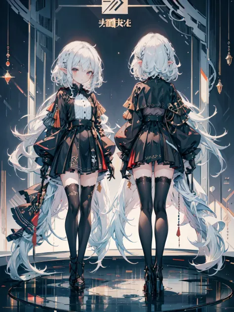 anime characters with long white hair and short black dresses as art of various ages, 1girl, pointy ears, thighhighs, long hair, multiple views, white hair, red eyes, gloves