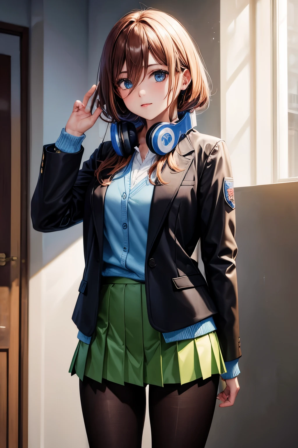 masterpiece, best quality, highres, nm1, headphones around neck, school uniform, long sleeves, blue cardigan, green skirt, pantyhose, black jacket, open jacket, cowboy shot, standing,