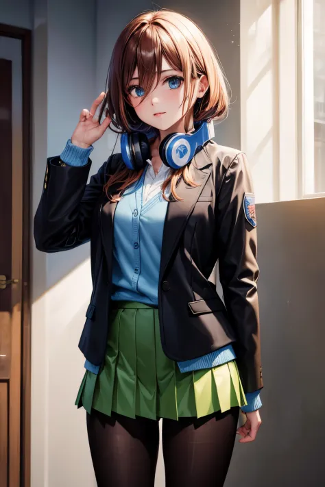 masterpiece, best quality, highres, nm1, headphones around neck, school uniform, long sleeves, blue cardigan, green skirt, panty...