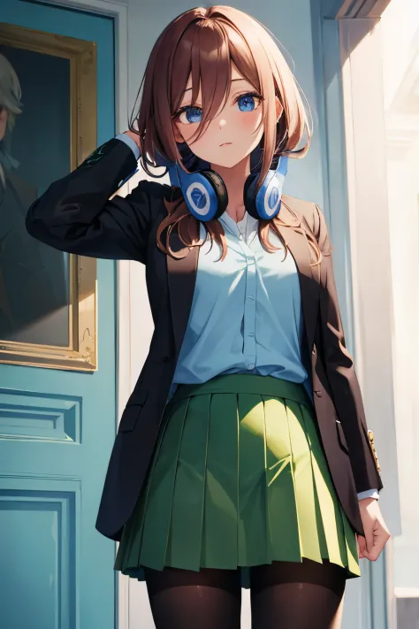 masterpiece, best quality, highres, nm1, headphones around neck, school uniform, long sleeves, blue cardigan, green skirt, panty...