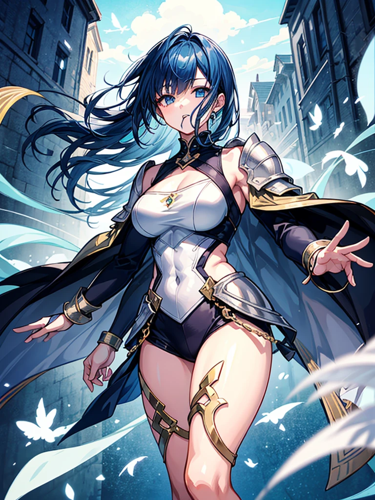 （（（masterpiece、Highest image quality、highest quality、highly detailed unity 8ｋwallpaper）））、（（Illustration of one girl））、（（（beautiful girl）））、blue hair、stocky build, thickset physique：1.3, muscular legs, broad shoulders, solid chest、（adventurer）、white armor、Medieval city