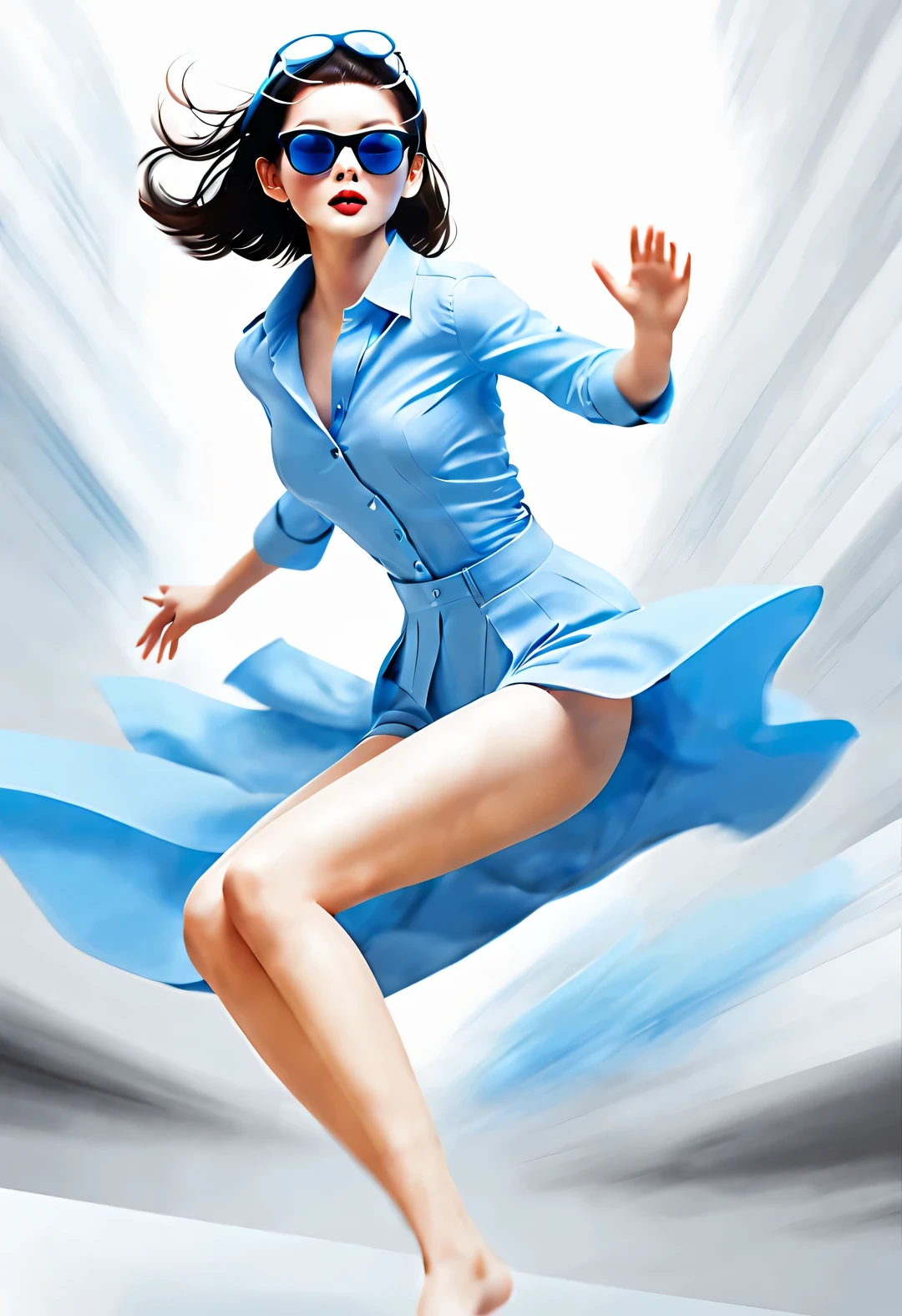 (Modern art dance poster design), (Half-length close-up), (Beautiful Chinese girl dancing in the air), (Wearing a modern stylish blue suit: 0.8), Look up, Fair and flawless skin, high nose bridge, (Wearing large sunglasses: 1.2), sad yet beautiful, slim, Exquisite facial features, rotating fog, Noble temperament, illustration, ink painting, black hair, a ball head, messy, Proud, Surrealism, contemporary art photography, action painting illustration, abstract expressionism, Pixar, depth of field, motion blur, backlight, Fall out, decline, Look up Angle, Sony FE General Manager, ultra high definition, masterpiece, Accuracy, textured skin, Super details, high detail, high quality, Award-winning, best quality, Level, 16k, Shot from a bottom-up perspective,