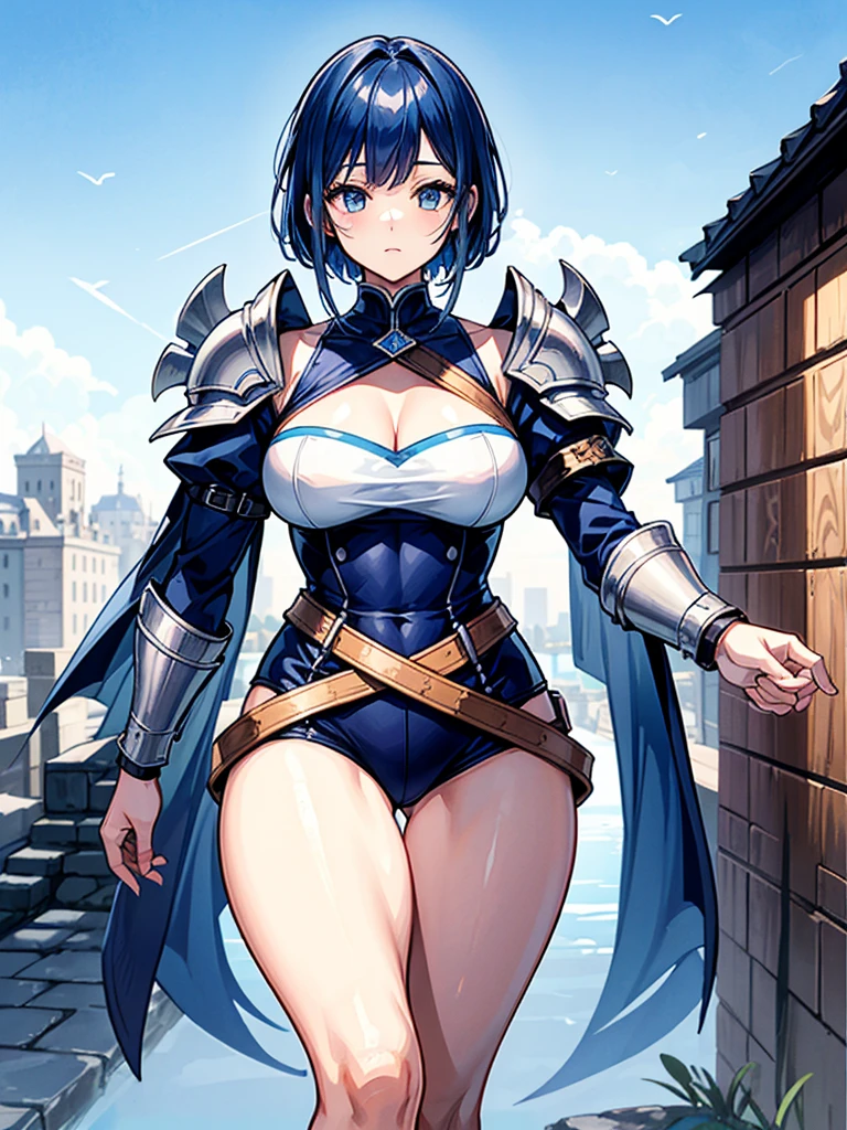 （（（masterpiece、Highest image quality、highest quality、highly detailed unity 8ｋwallpaper）））、（（Illustration of one girl））、（（（beautiful girl）））、blue hair、stocky build, thickset physique：1.3, muscular legs, broad shoulders, solid chest、（adventurer）、white armor、Medieval city