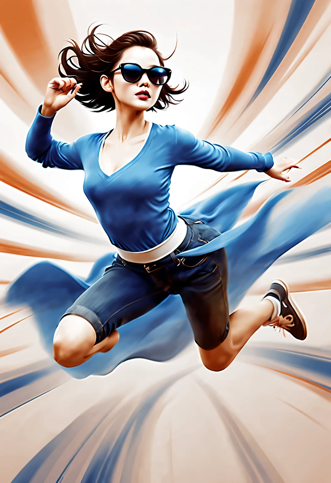 (Modern art dance poster design), (Half-length close-up), (Beautiful Chinese girl dancing in the air), (Wear modern fashionable winter fashion: 0.8), (Wearing large sunglasses: 1.2), Harmonious combination of classic and modern, An elegant combination of dark blue and brown，Highlight the retro charm without losing fashion sense. sweater, jeans, scarf, coat, Girl fair and flawless smooth skin, high nose bridge, and the posture of raising one’s head, sadness and beauty, slender figure, Exquisite facial features, Swirling mist, Noble temperament, illustration, ink painting, black hair, meatball head, messy, Proud, Surrealism, contemporary art photography, action painting illustration, abstract expressionism, Pixar, depth of field, motion blur, backlight, Falling shadows, gradually blurred, Elevation viewing angle, Sony FE General Manager, ultra high definition, masterpiece, Accuracy, textured skin, Super details, high detail, high quality, Award-winning, best quality, Level, 16k, Photographed from a bottom-up perspective,