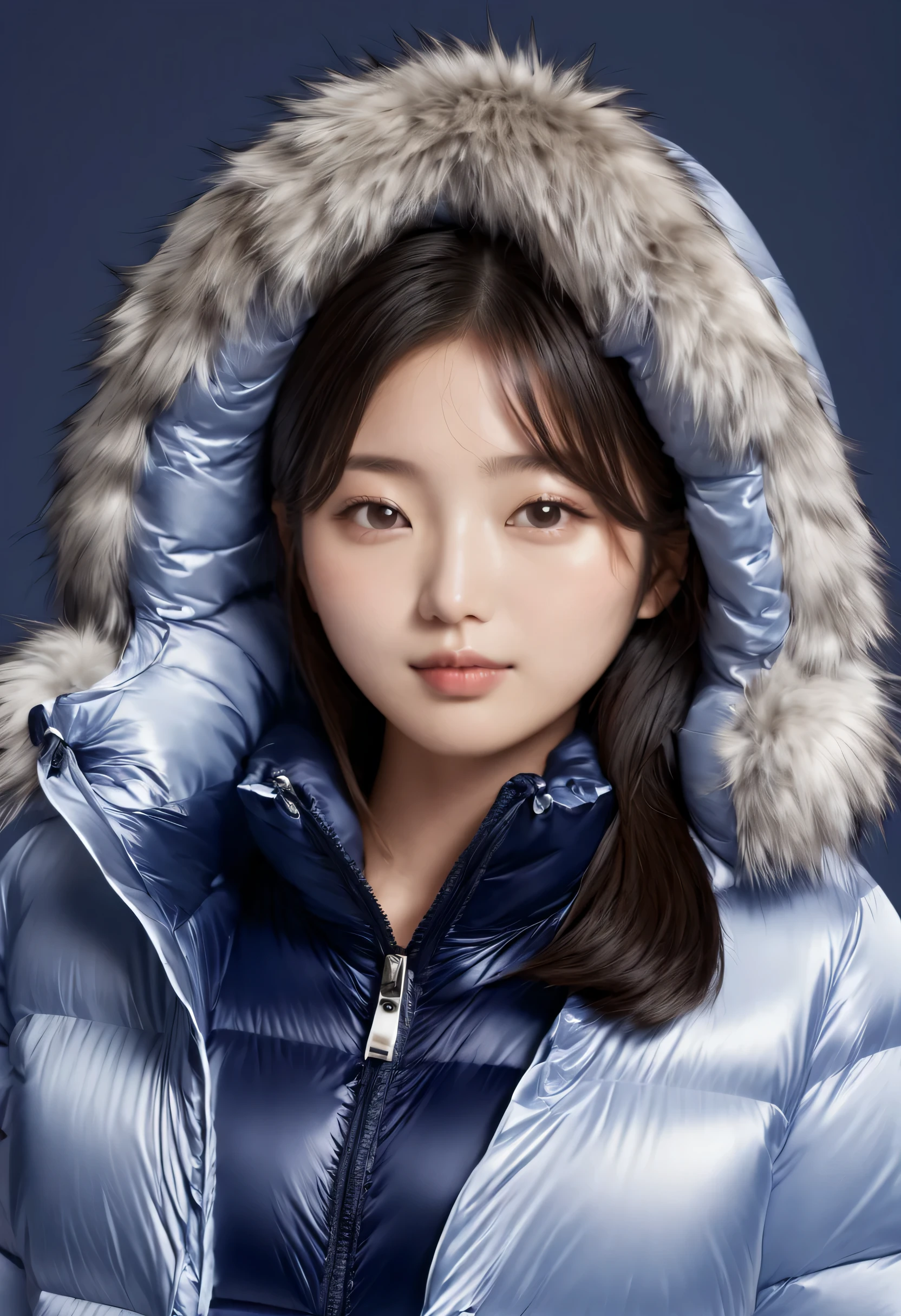 ((best quality)), ((masterpiece)), (detailed), perfect face, beautiful  Japanese woman, silk tight navy blue moncler puffer coat, seductive,  aroused, mouth open, ahegao, curvy figure, ((tight puffer coat)), fur hood, silk bra, large breasts, (open coat), cleavage, thick bra straps