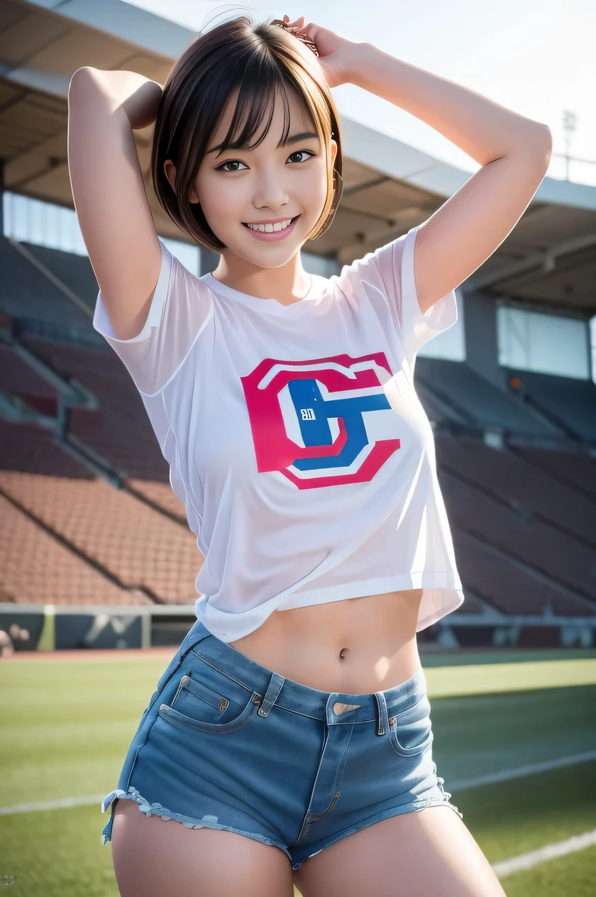 The beauty of 8K raw photos:2.0, short hair, 25 years old, great face and dark eyes, stare at the camera, smile full of joy:1.6, show teeth, put hands behind head, dynamic pose, Model&#39;s stance, （denim shorts:1.2)、wear sneakers:1.4, realistic:1.9, Very detailed CG synthesis 8k wallpaper, very detailed, High resolution RAW color photos, professional photos, Taken at the stadium, girl sexy portrait