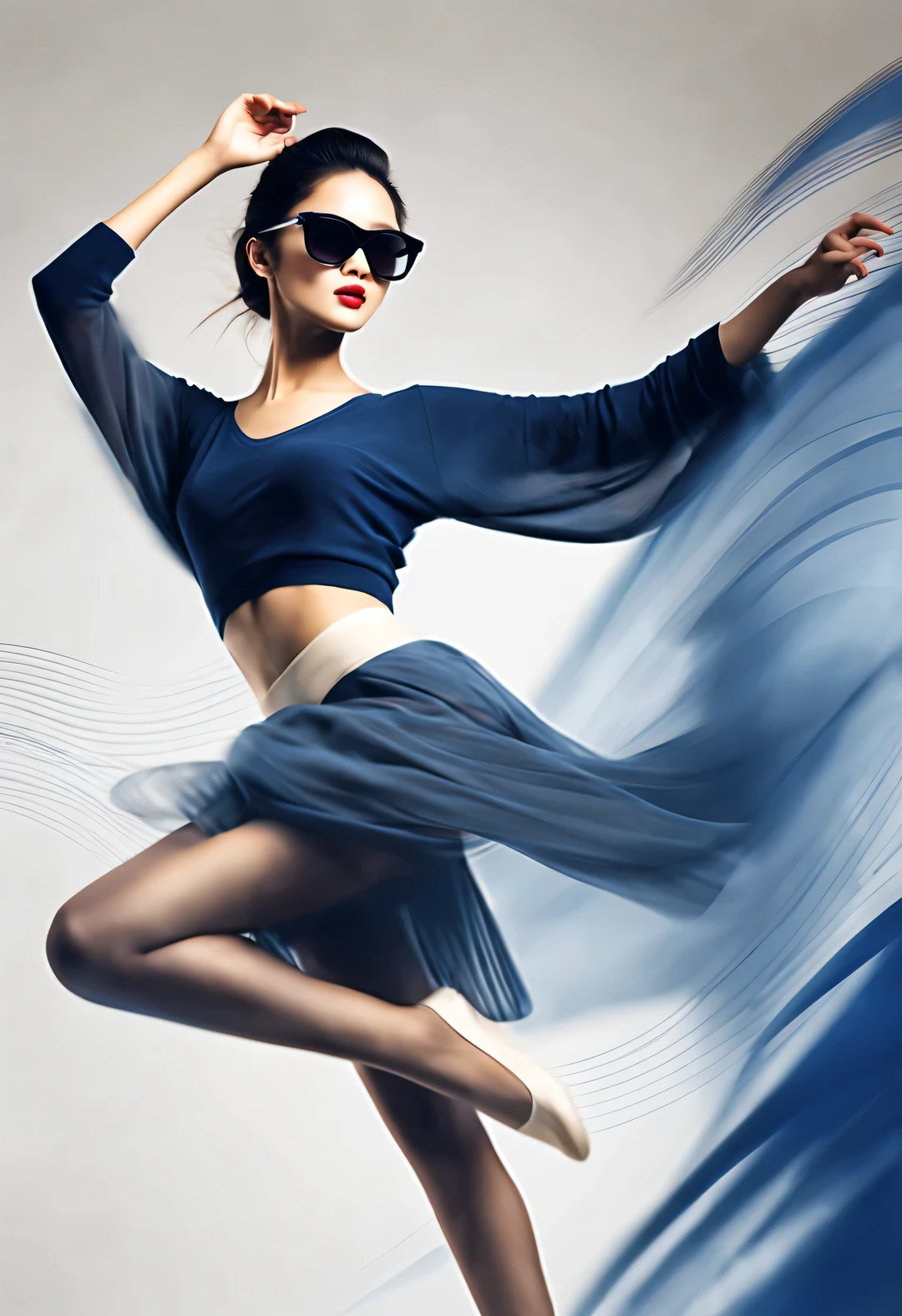 (Modern art dance poster design), (Half-length close-up), (Beautiful Chinese girl dancing in the air), (Wear modern fashionable winter fashion: 0.8), (Wearing large sunglasses: 1.2), Harmonious combination of classic and modern, An elegant combination of dark blue and brown，Highlight the retro charm without losing fashion sense. sweater, jeans, scarf, coat, Girl fair and flawless smooth skin, high nose bridge, and the posture of raising one’s head, sadness and beauty, slender figure, Exquisite facial features, Swirling mist, Noble temperament, illustration, ink painting, black hair, meatball head, messy, Proud, Surrealism, contemporary art photography, action painting illustration, abstract expressionism, Pixar, depth of field, motion blur, backlight, Falling shadows, gradually blurred, Elevation viewing angle, Sony FE General Manager, ultra high definition, masterpiece, Accuracy, textured skin, Super details, high detail, high quality, Award-winning, best quality, Level, 16k, Photographed from a bottom-up perspective,
